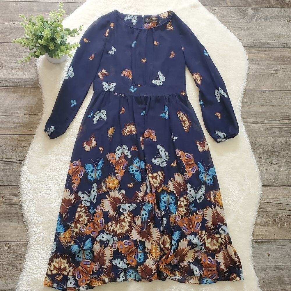 Anthropologie Gyalwana Blue Butterfly Print Flowy Midi Dress, Size 11
